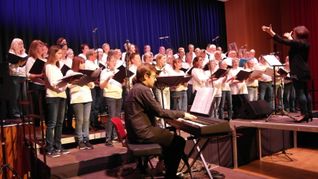 Insgesamt 55 Sängerinnen und Sänger, am Piano begleitet von Fabian Bauer und unter der musikalischen Leitung von Judith Erb-Calaminus, standen beim Dorfabend in der Holzgerlinger Stadthalle auf der Bühne.